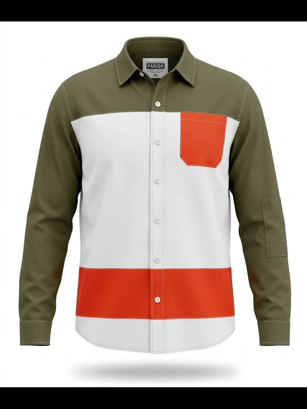 Parish Colorblock Button-Down Shirt in Olive, White & Orange